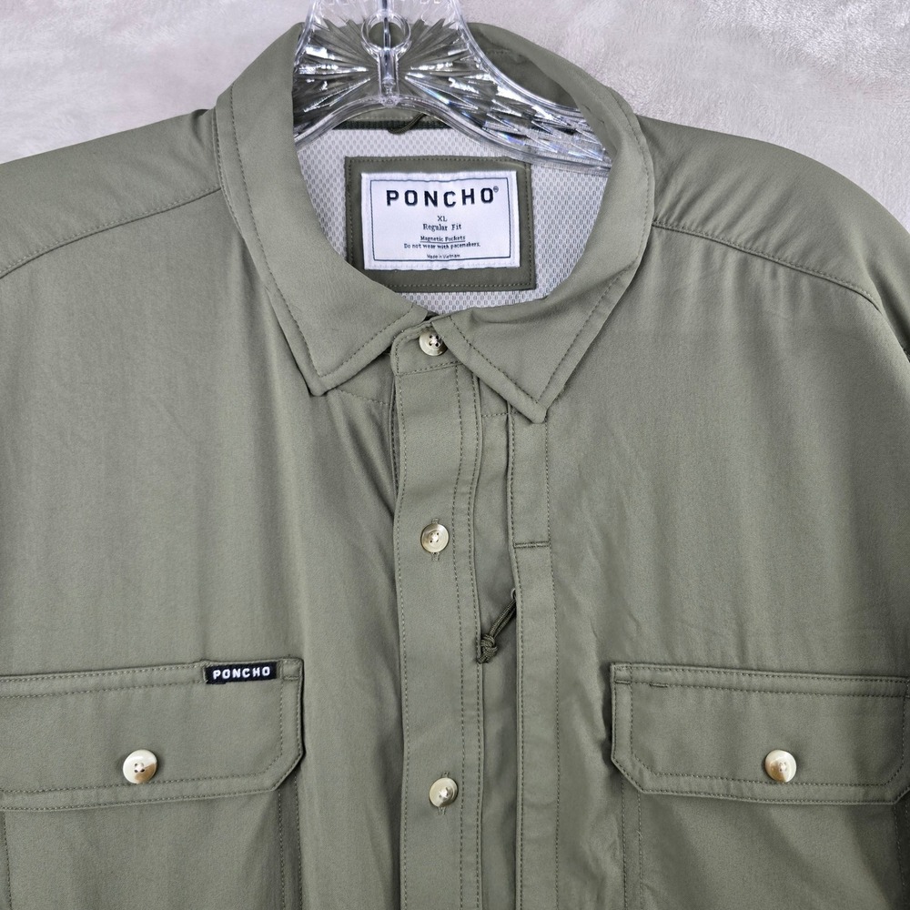 Poncho Fishing Shirt Mens XL Green Long Sleeve Magnetic Pockets Vented Regular